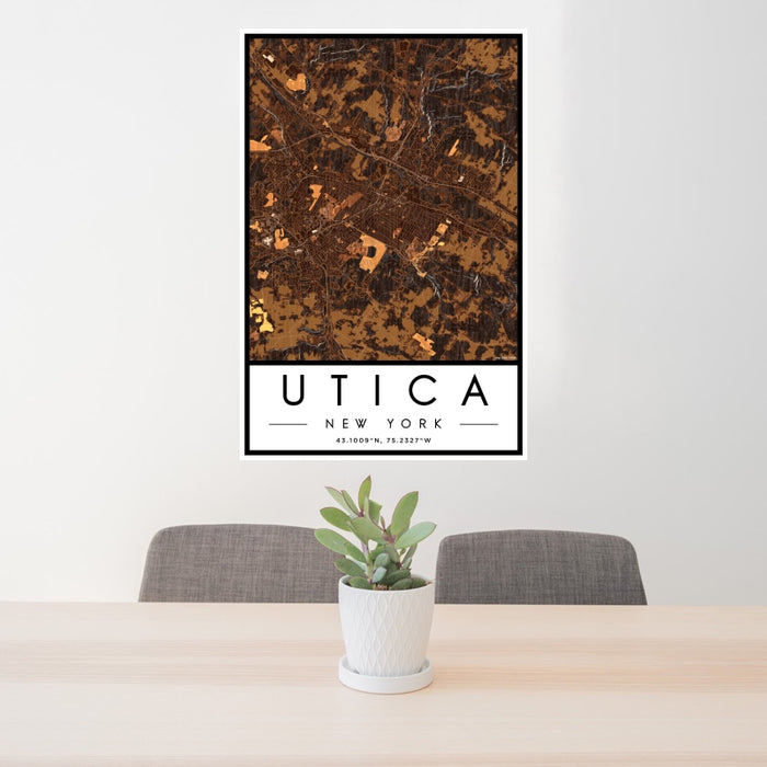 24x36 Utica New York Map Print Portrait Orientation in Ember Style Behind 2 Chairs Table and Potted Plant