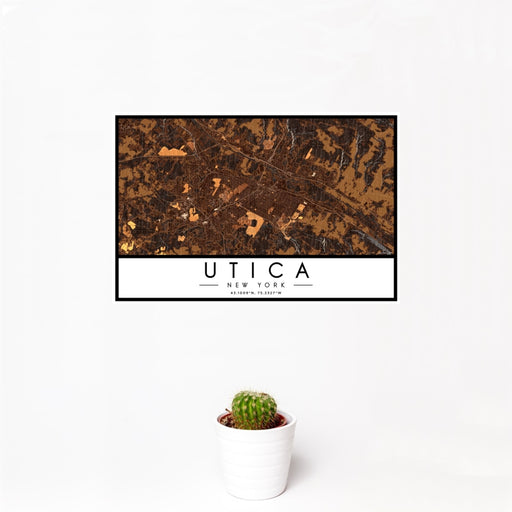 12x18 Utica New York Map Print Landscape Orientation in Ember Style With Small Cactus Plant in White Planter