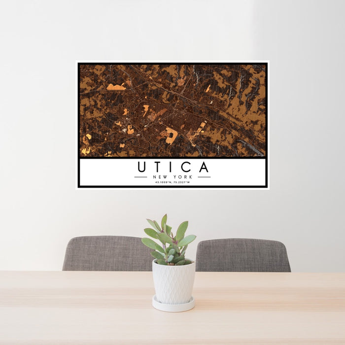 24x36 Utica New York Map Print Landscape Orientation in Ember Style Behind 2 Chairs Table and Potted Plant