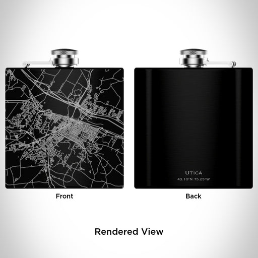 Rendered View of Utica New York Map Engraving on 6oz Stainless Steel Flask in Black