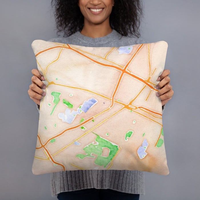 Person holding 18x18 Custom Utica New York Map Throw Pillow in Watercolor