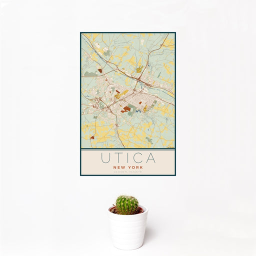12x18 Utica New York Map Print Portrait Orientation in Woodblock Style With Small Cactus Plant in White Planter