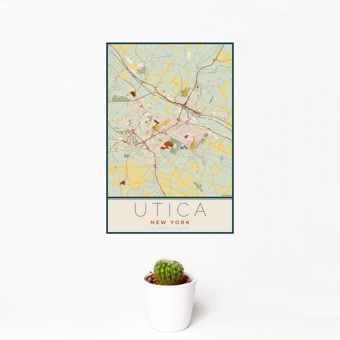 12x18 Utica New York Map Print Portrait Orientation in Woodblock Style With Small Cactus Plant in White Planter