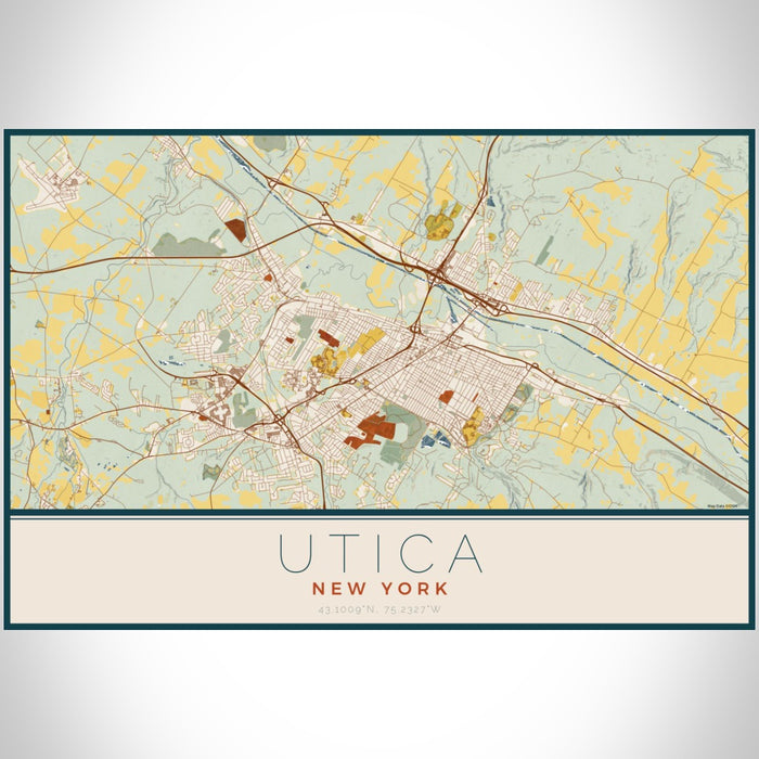 Utica New York Map Print Landscape Orientation in Woodblock Style With Shaded Background