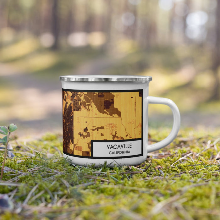 Right View Custom Vacaville California Map Enamel Mug in Ember on Grass With Trees in Background