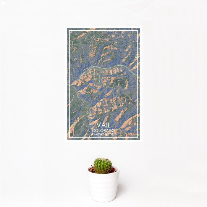 12x18 Vail Colorado Map Print Portrait Orientation in Afternoon Style With Small Cactus Plant in White Planter