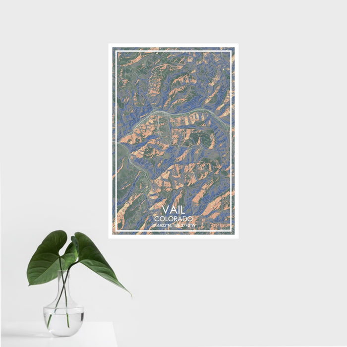 16x24 Vail Colorado Map Print Portrait Orientation in Afternoon Style With Tropical Plant Leaves in Water
