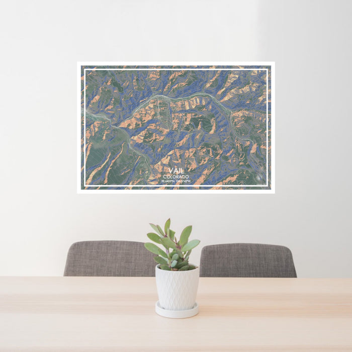 24x36 Vail Colorado Map Print Lanscape Orientation in Afternoon Style Behind 2 Chairs Table and Potted Plant