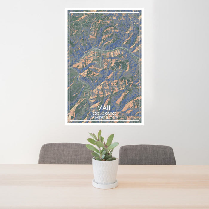 24x36 Vail Colorado Map Print Portrait Orientation in Afternoon Style Behind 2 Chairs Table and Potted Plant