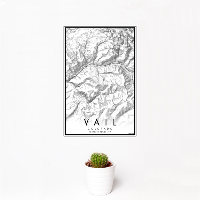 12x18 Vail Colorado Map Print Portrait Orientation in Classic Style With Small Cactus Plant in White Planter