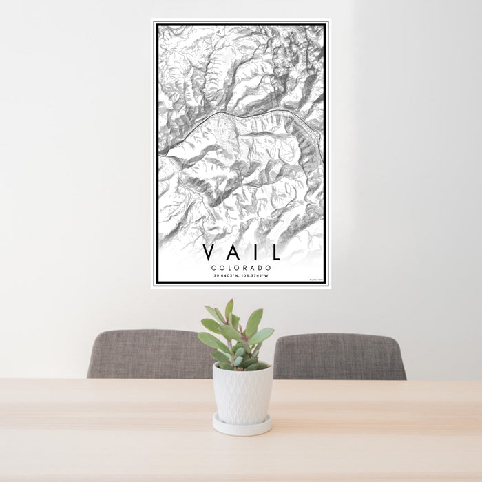 24x36 Vail Colorado Map Print Portrait Orientation in Classic Style Behind 2 Chairs Table and Potted Plant