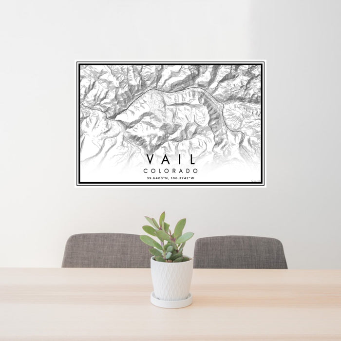24x36 Vail Colorado Map Print Landscape Orientation in Classic Style Behind 2 Chairs Table and Potted Plant