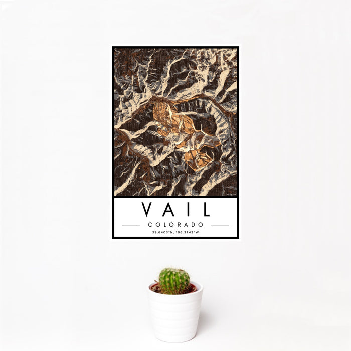 12x18 Vail Colorado Map Print Portrait Orientation in Ember Style With Small Cactus Plant in White Planter