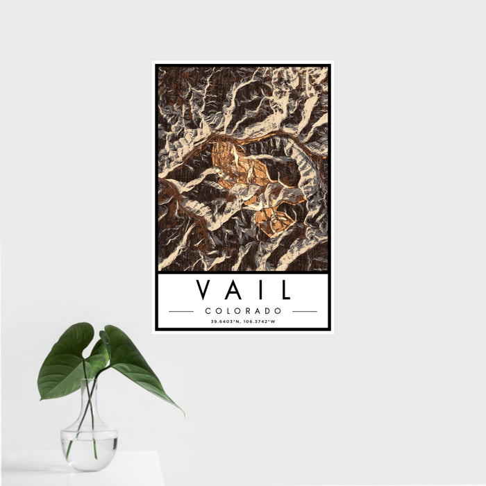 16x24 Vail Colorado Map Print Portrait Orientation in Ember Style With Tropical Plant Leaves in Water