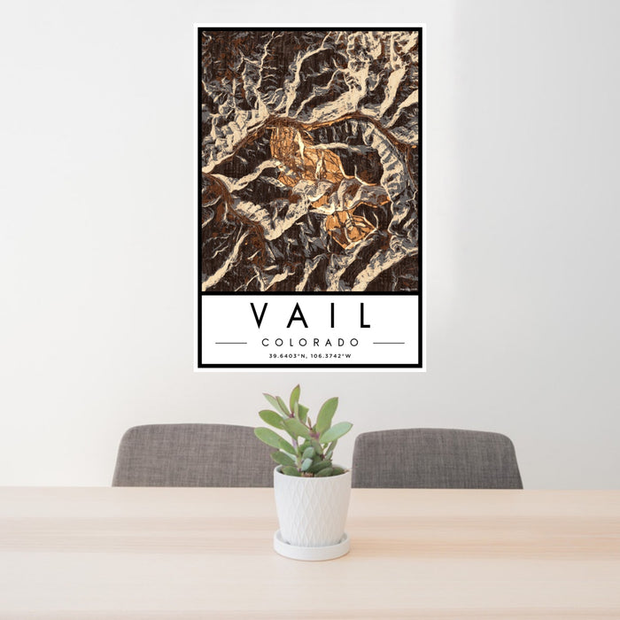 24x36 Vail Colorado Map Print Portrait Orientation in Ember Style Behind 2 Chairs Table and Potted Plant