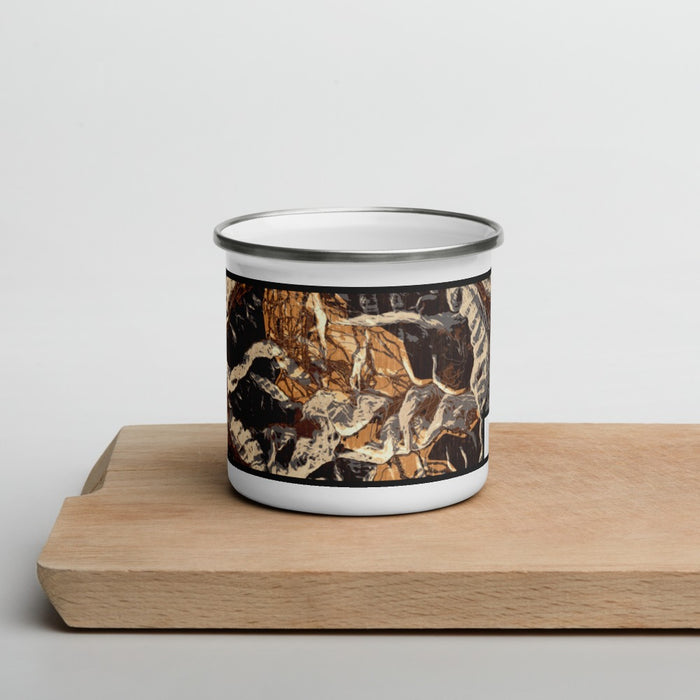 Front View Custom Vail Colorado Map Enamel Mug in Ember on Cutting Board