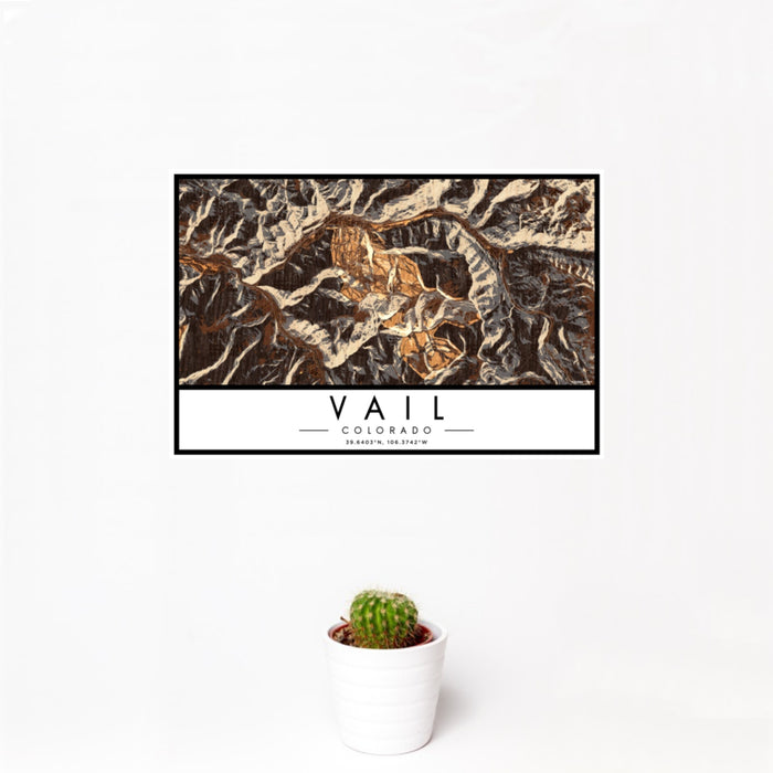 12x18 Vail Colorado Map Print Landscape Orientation in Ember Style With Small Cactus Plant in White Planter