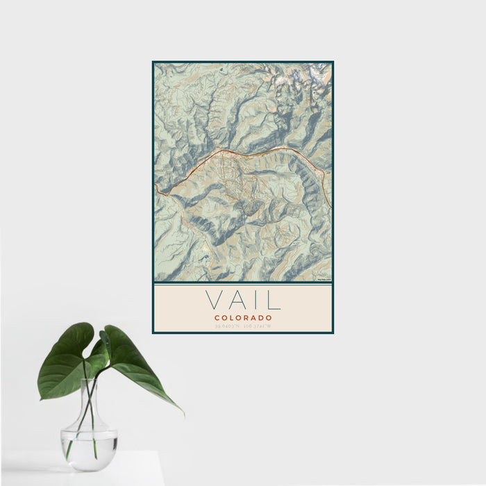 16x24 Vail Colorado Map Print Portrait Orientation in Woodblock Style With Tropical Plant Leaves in Water