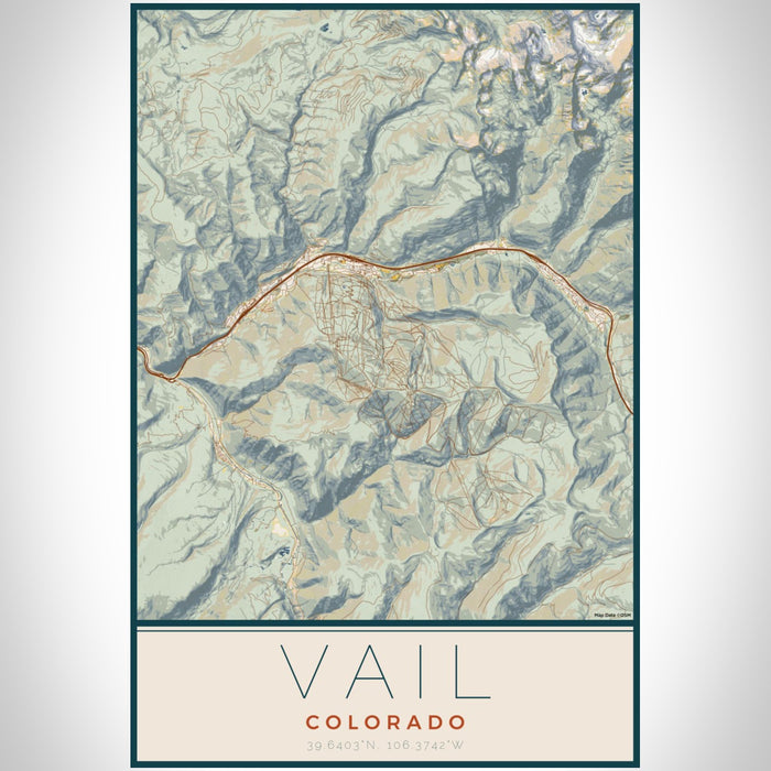 Vail Colorado Map Print Portrait Orientation in Woodblock Style With Shaded Background