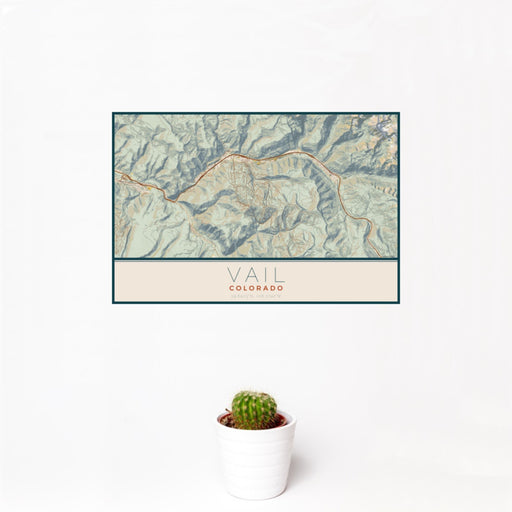 12x18 Vail Colorado Map Print Landscape Orientation in Woodblock Style With Small Cactus Plant in White Planter