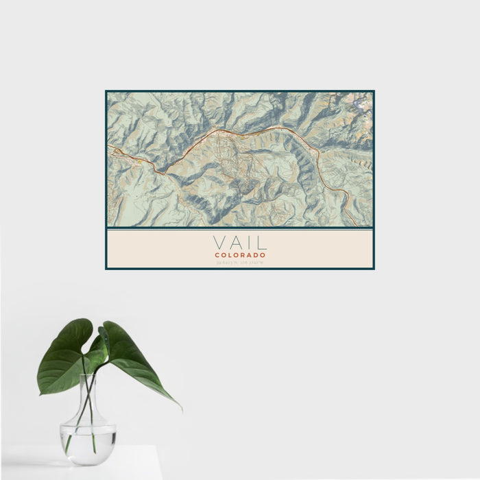 16x24 Vail Colorado Map Print Landscape Orientation in Woodblock Style With Tropical Plant Leaves in Water
