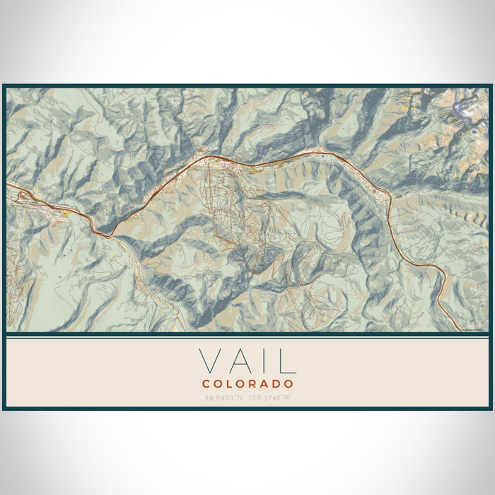 Vail Colorado Map Print Landscape Orientation in Woodblock Style With Shaded Background