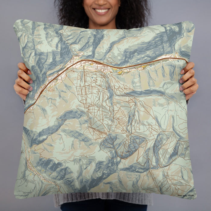 Person holding 22x22 Custom Vail Colorado Map Throw Pillow in Woodblock
