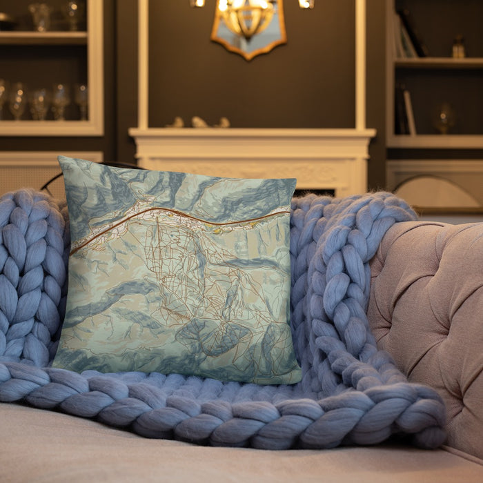 Custom Vail Colorado Map Throw Pillow in Woodblock on Cream Colored Couch