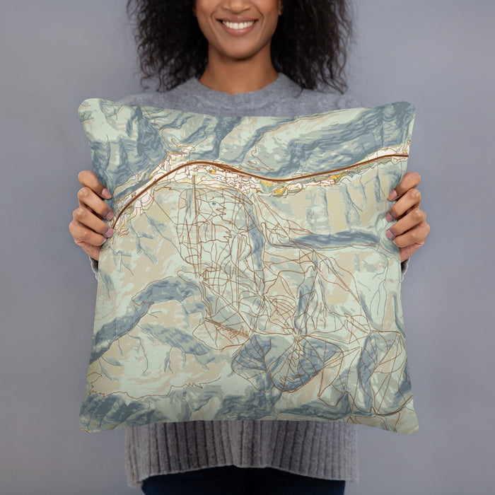 Person holding 18x18 Custom Vail Colorado Map Throw Pillow in Woodblock