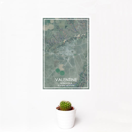 12x18 Valentine Nebraska Map Print Portrait Orientation in Afternoon Style With Small Cactus Plant in White Planter
