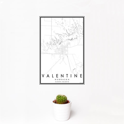 12x18 Valentine Nebraska Map Print Portrait Orientation in Classic Style With Small Cactus Plant in White Planter