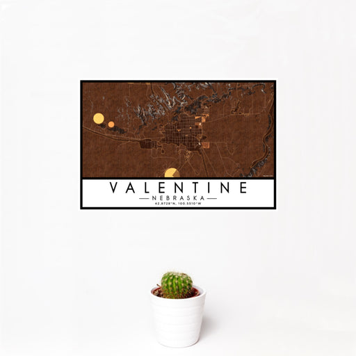 12x18 Valentine Nebraska Map Print Landscape Orientation in Ember Style With Small Cactus Plant in White Planter