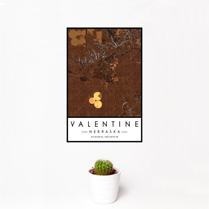 12x18 Valentine Nebraska Map Print Portrait Orientation in Ember Style With Small Cactus Plant in White Planter