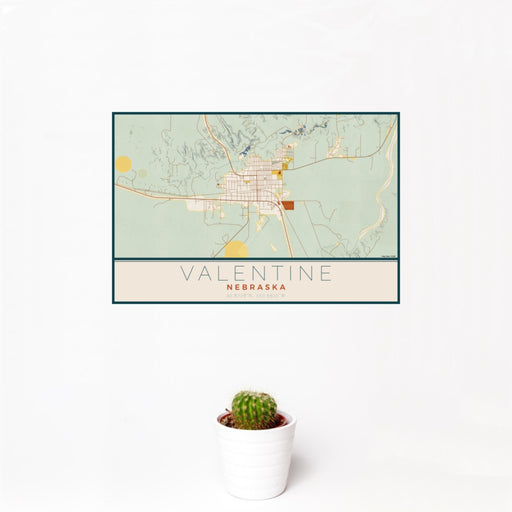 12x18 Valentine Nebraska Map Print Landscape Orientation in Woodblock Style With Small Cactus Plant in White Planter