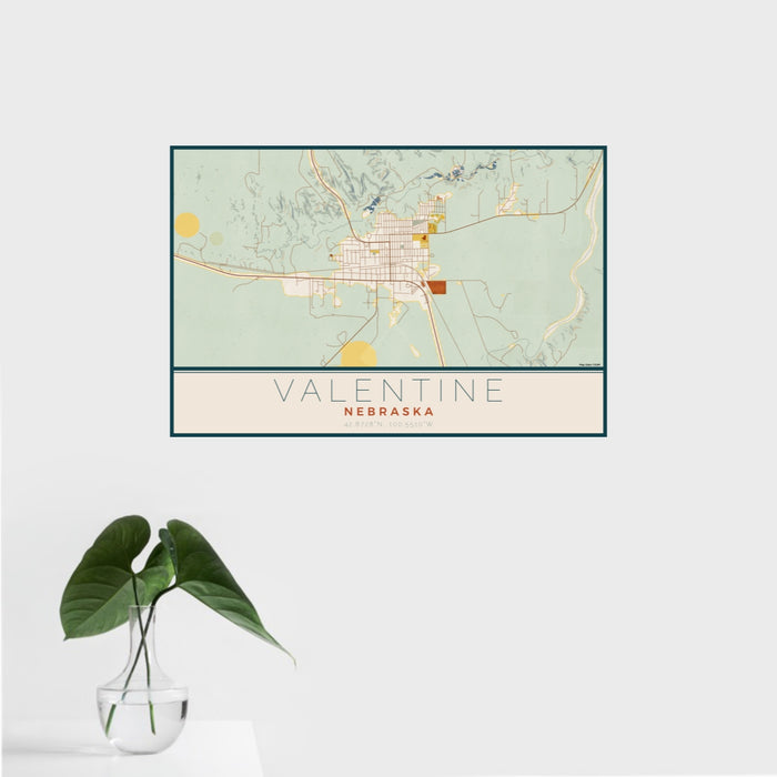 16x24 Valentine Nebraska Map Print Landscape Orientation in Woodblock Style With Tropical Plant Leaves in Water