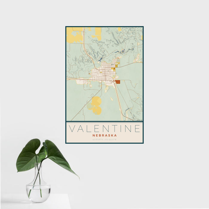 16x24 Valentine Nebraska Map Print Portrait Orientation in Woodblock Style With Tropical Plant Leaves in Water