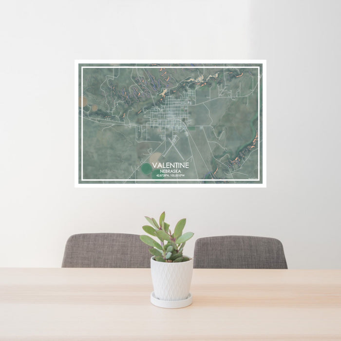 24x36 Valentine Nebraska Map Print Lanscape Orientation in Afternoon Style Behind 2 Chairs Table and Potted Plant