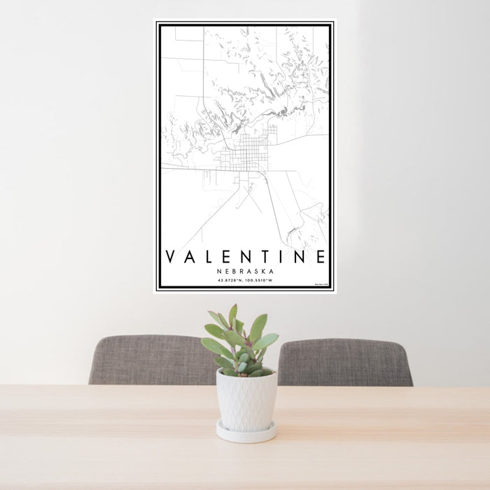 24x36 Valentine Nebraska Map Print Portrait Orientation in Classic Style Behind 2 Chairs Table and Potted Plant