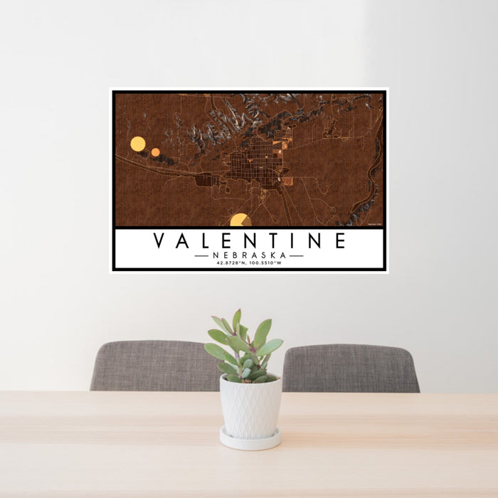 24x36 Valentine Nebraska Map Print Lanscape Orientation in Ember Style Behind 2 Chairs Table and Potted Plant