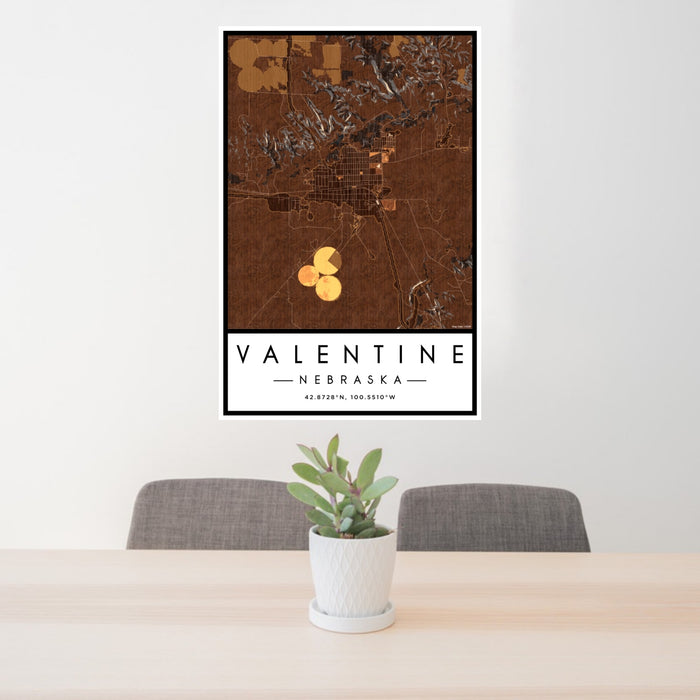 24x36 Valentine Nebraska Map Print Portrait Orientation in Ember Style Behind 2 Chairs Table and Potted Plant