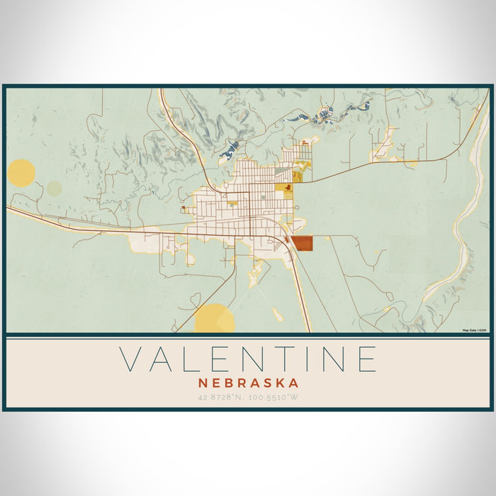 Valentine Nebraska Map Print Landscape Orientation in Woodblock Style With Shaded Background