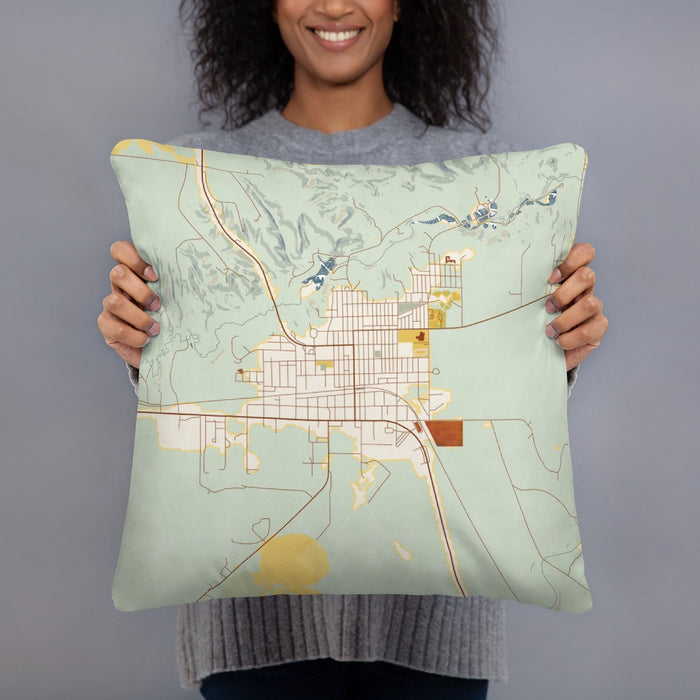 Person holding 18x18 Custom Valentine Nebraska Map Throw Pillow in Woodblock