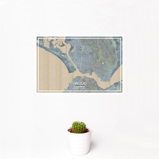 12x18 Vallejo California Map Print Landscape Orientation in Afternoon Style With Small Cactus Plant in White Planter
