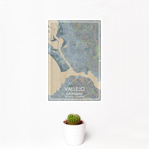 12x18 Vallejo California Map Print Portrait Orientation in Afternoon Style With Small Cactus Plant in White Planter