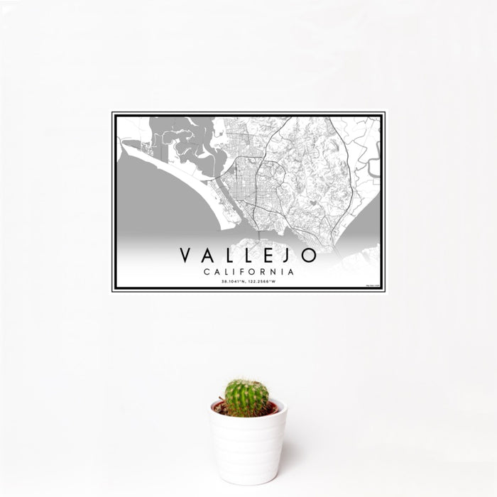 12x18 Vallejo California Map Print Landscape Orientation in Classic Style With Small Cactus Plant in White Planter