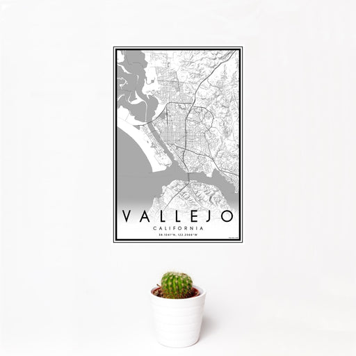 12x18 Vallejo California Map Print Portrait Orientation in Classic Style With Small Cactus Plant in White Planter