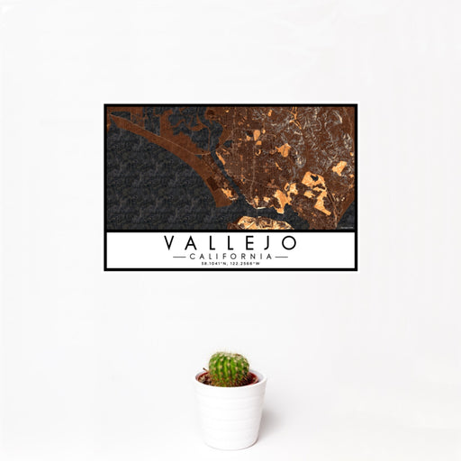 12x18 Vallejo California Map Print Landscape Orientation in Ember Style With Small Cactus Plant in White Planter