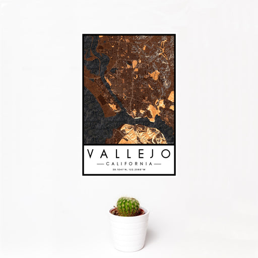 12x18 Vallejo California Map Print Portrait Orientation in Ember Style With Small Cactus Plant in White Planter