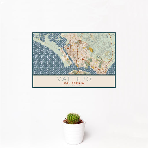 12x18 Vallejo California Map Print Landscape Orientation in Woodblock Style With Small Cactus Plant in White Planter