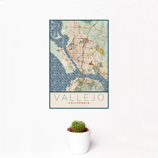 12x18 Vallejo California Map Print Portrait Orientation in Woodblock Style With Small Cactus Plant in White Planter